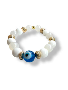 White gemstones with glass evil eye bracelet 