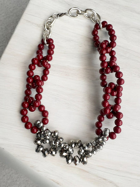 Statement Burgundy and Silver Stone Fashion Necklace