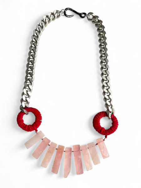 Statement Rose Quartz Red Leather Necklace