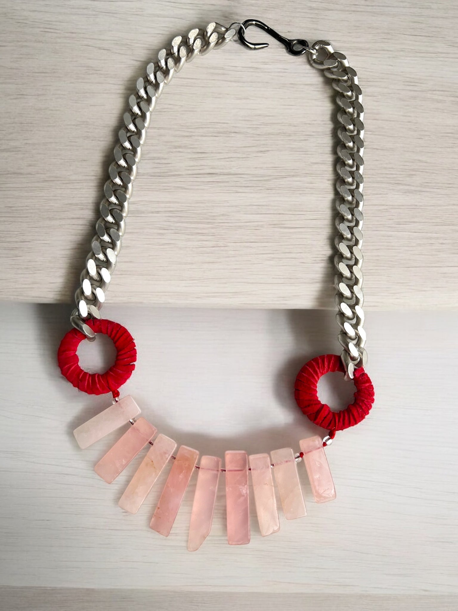 Statement Rose Quartz Red Leather Necklace