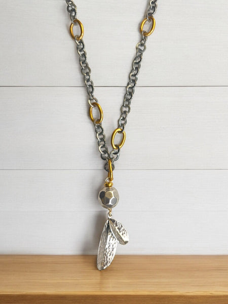 Olive Leaf Silver and Gold Long Necklace