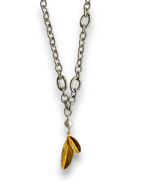 Olive Leaf Silver and Gold Long Necklace