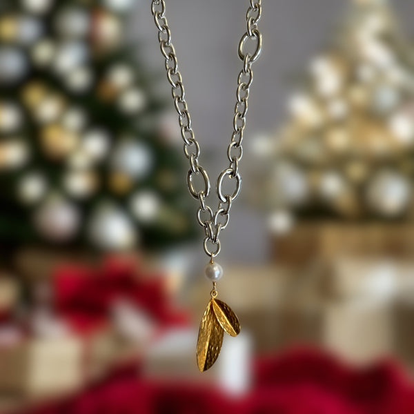 Olive Leaf Silver and Gold Long Necklace