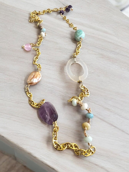 Long Gold Gemstone Chain Necklace