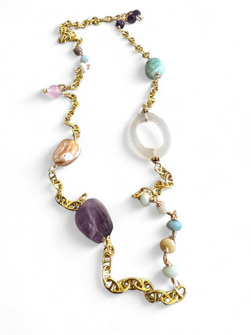 Long gold chain necklace with multi color gemstones modern women jewelry unique jewelry contemporary design Oakville inamullumani 