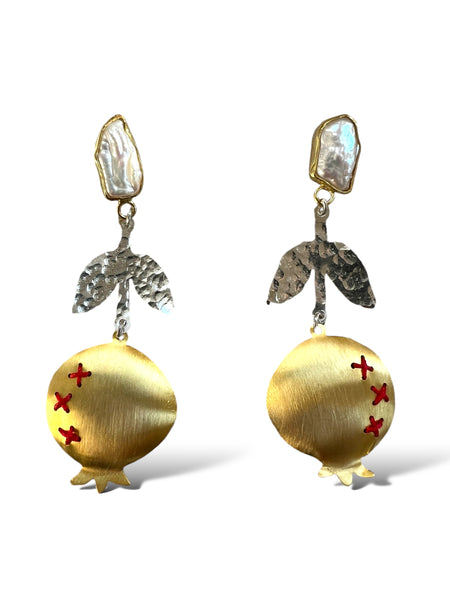 Two tone metal in gold and silver pomegranate earrings with cross stitch in red and keshi pearl inamul y wearable art handmade 